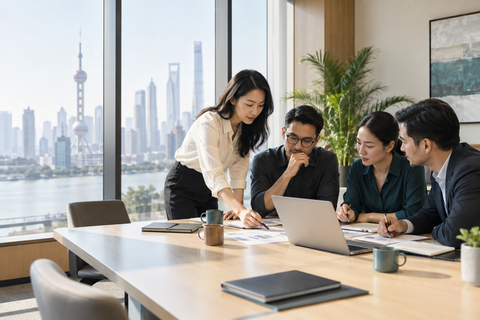 A business strategy team reviewing plans together